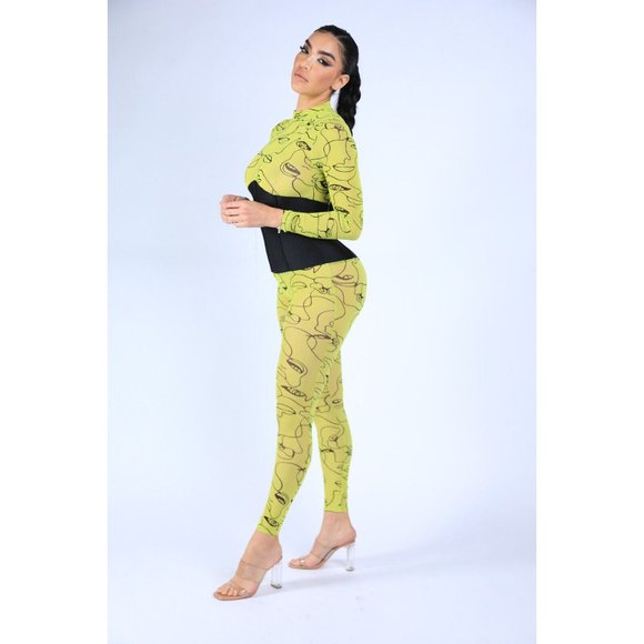 Face Contour Drawing Mesh Skinny Jumpsuit Long Sleeve Neon Yellow Mock Neck - Picture 3 of 7